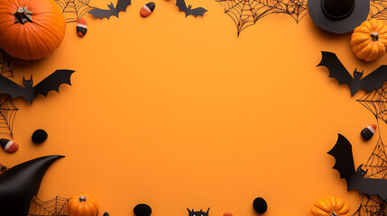 Halloween themed decoration featuring pumpkins, bats, and spider webs on a vibrant orange background, perfect for seasonal events and celebrations.