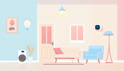 Fototapeta premium Cozy Light Blue Living Room with Relaxing Ambiance, Nature Touches & Music
