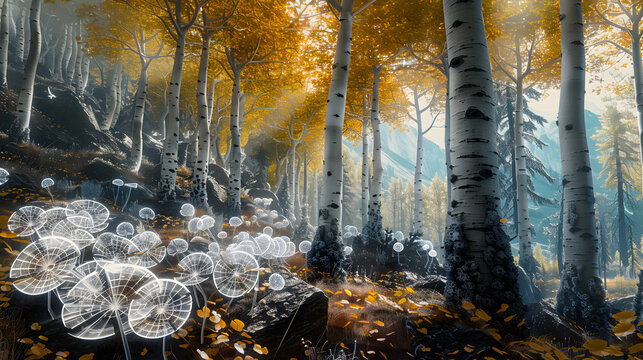 Quantum aspen colony, shared root network processing binary data, white bioluminescent mushroom circles as quantum circuits, entangled elk herds, mountain mist quantum fields, photorealistic leaf quak