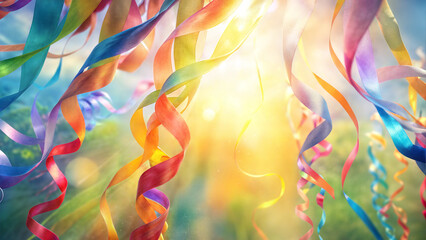 Fototapeta premium Colorful birthday streamers hanging with sunlight, festive and joyful atmosphere