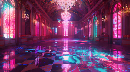 Obraz premium Quantum baroque ballroom, marble dancers frozen in neon motion, holographic baroque patterns on floor, synthwave chandelier reflections, digital harpsichord visualizations, glitching classical music s