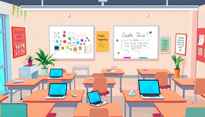 Fototapeta premium Vibrant Classroom Scene with Students Engaged in Laptop Learning