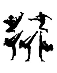 Male and female kicking karate martial arts sport action silhouette