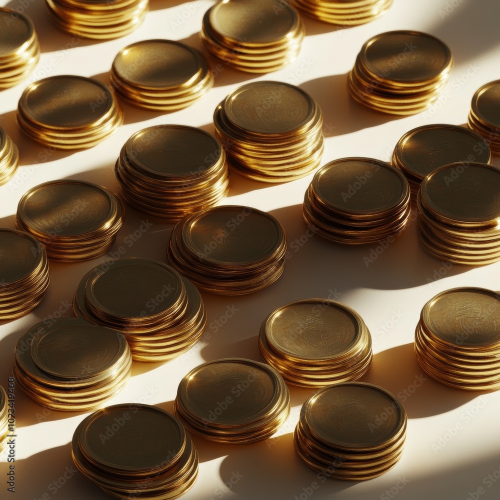 Poster a set of glossy gold coins in neat piles, casting soft shadows on a plain, minimal backdrop
