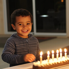 A happy boy smiling brightly in the glow of birthday candles, capturing the warmth and joy of a celebration.