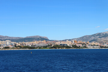 Contemporary buildings, gardens and beaches at the waterfront in Split, Croatia. View of Split from the boat.