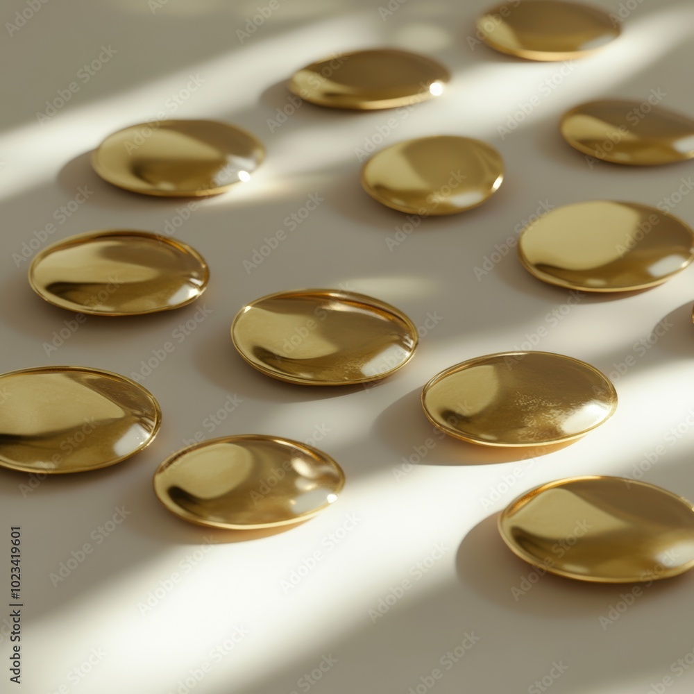 Poster a set of glossy gold coins in neat piles, casting soft shadows on a plain, minimal backdrop