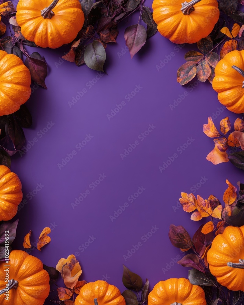 Sticker Halloween decoration frame with fresh pumpkins on purple backdrop