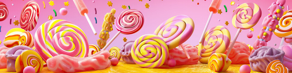 A whimsical representation of a Mexican candy shop, filled with lollipops and taffy in vivid pink, yellow, and purple hues.