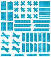 Set of paper sheets isolated on white. Pieces of decorative tape for scrapbooks. Washi tapes collection in vector. Ripped paper. Torn pieces of paper from a notebook in a cell. Blue ribbons