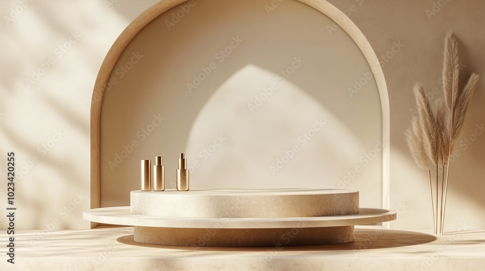 Poster elegant minimalist display with golden bottles on a circular pedestal against a soft beige backgroun