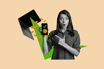 Composite photo collage of astonished girl point phone checkmark confirmation success money income...