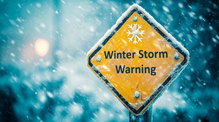 Winter Storm Warning Sign in Snowy Weather, Hazard Alert, Extreme Winter Conditions, Snowstorm Safety, Road Weather Warning, Generated AI