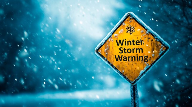 Winter Storm Warning Sign in Snowy Weather, Hazard Alert, Extreme Winter Conditions, Snowstorm Safety, Road Weather Warning, Generated AI