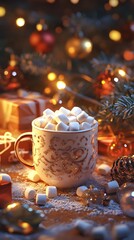A cup of hot chocolate with marshmallows, surrounded by Christmas decorations