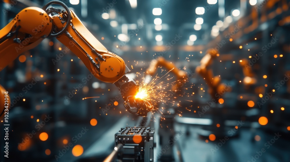 Poster robotic arms working in a factory, creating sparks during a manufacturing process.