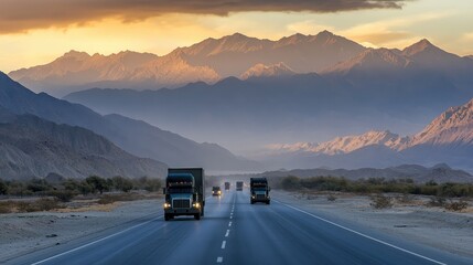 Trucks drive on a winding road at dusk, surrounded by mountains and colorful skies