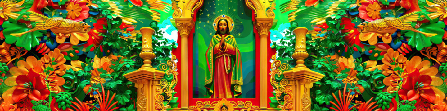 A colorful retablo painting depicting a Mexican saint, surrounded by ornate gold detailing and bright greens, reds, and yellows.