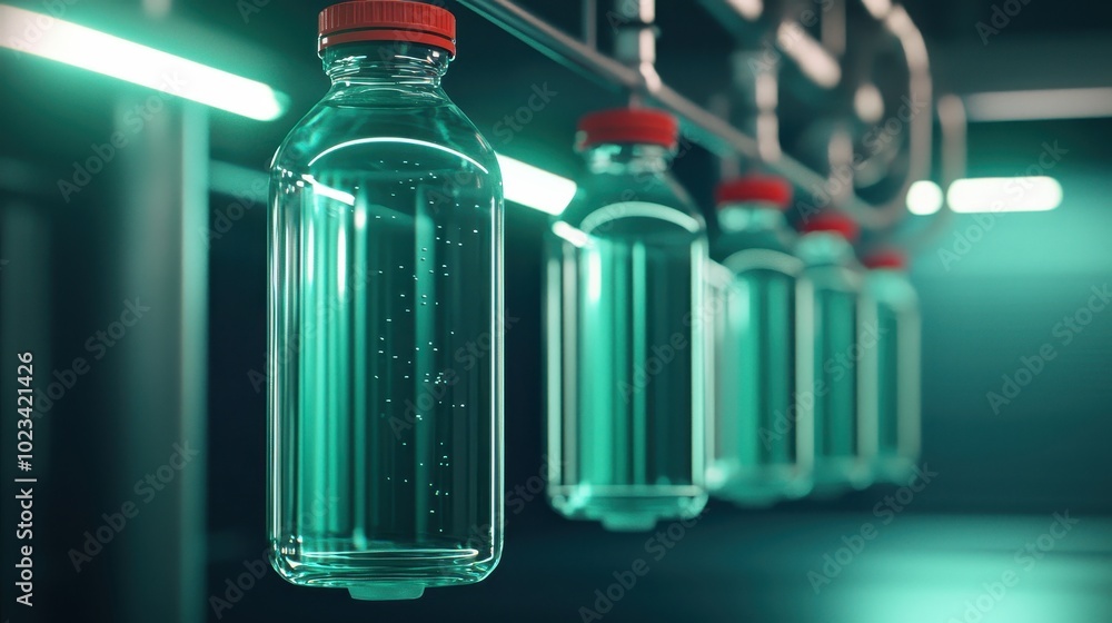 Poster a row of transparent bottles filled with liquid, featuring red caps, illuminated by a soft green lig