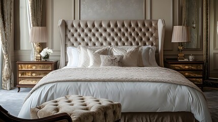 A king-sized bed with a dramatic tufted headboard and luxurious bedding in a grand master bedroom