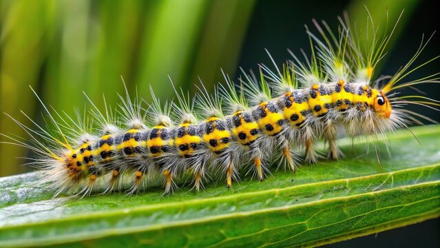 Hairy pine processionary caterpillar on green leaf