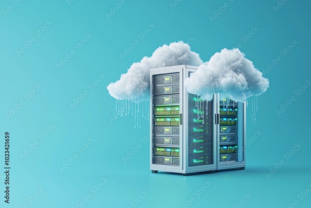 Poster Cloud computing, cloud storage, and online data storage white cloud with blue background. Rendering illustration.