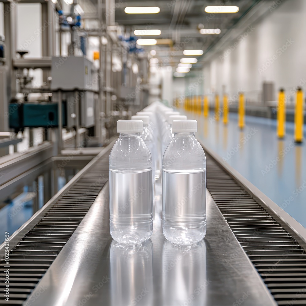 Poster bottles of water being processed on a conveyor belt in a modern factory setting, showcasing an effic