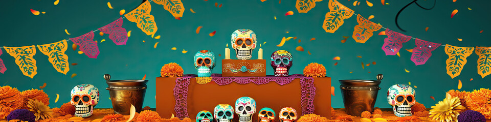 A traditional Day of the Dead altar, with papel picado flags and sugar skulls, set against a burnt orange and teal background.