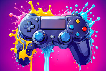 illustration of game controller and liquid splashing on the abstract background.	
