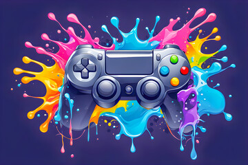 illustration of game controller and liquid splashing on the abstract background.	