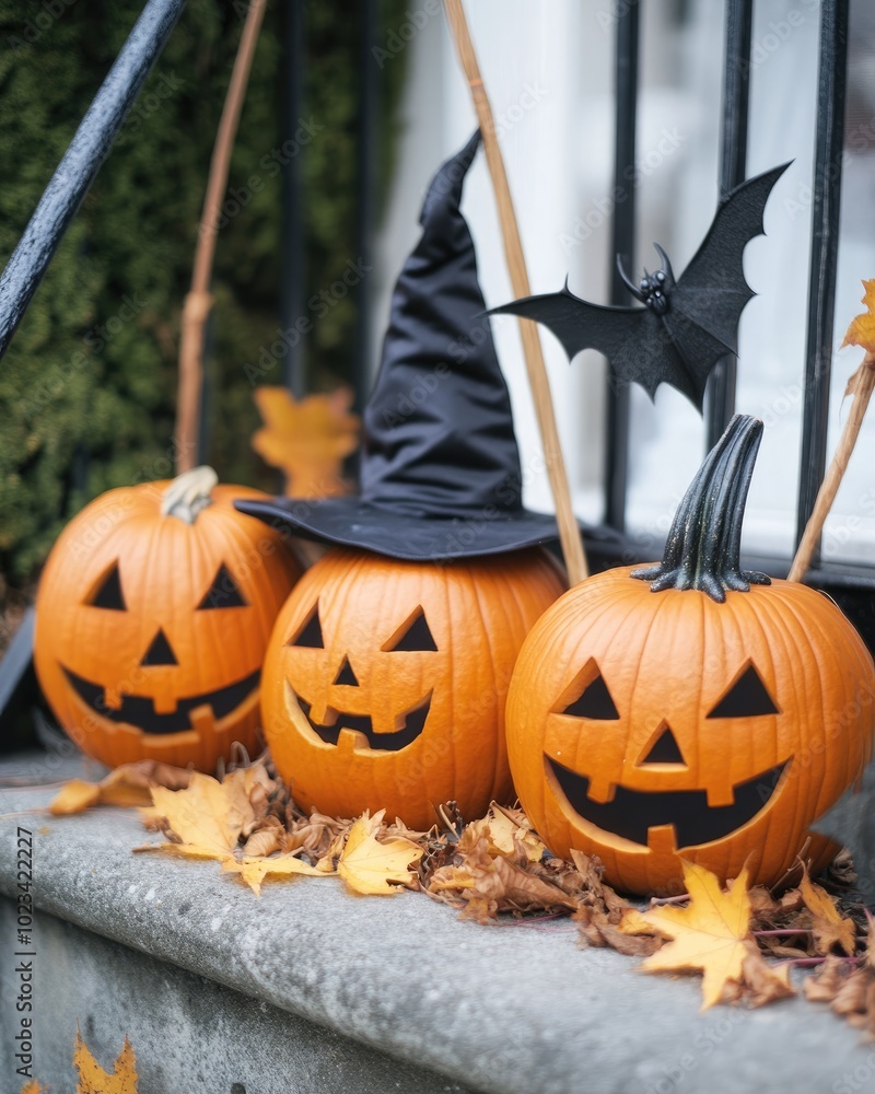 Sticker Autumn themed decorations with pumpkins brooms and bats