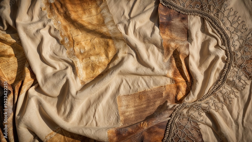 Poster White linen fabric with brown embroidery and a vintage, rustic look.