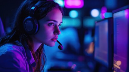 Young Agent in Call Center Working Late at Night