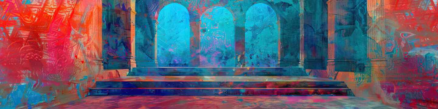 An abstract rendition of a Mexican temple's intricate murals, featuring vivid blues and reds against a textured background.
