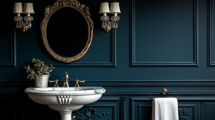 Classic Bathroom with Dark Paneled Walls & Gold Mirror for Sophisticated Style
