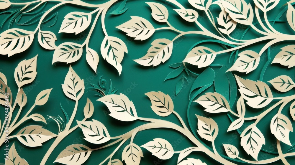 Wall mural Elegant Paper Leaves on Teal Background