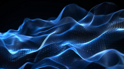 Obraz premium Abstract Digital Black Background with Blue Wavy Lines Representing Sound Waves. This captivating image features dynamic blue wavy lines against a stark black backdrop, symbolizing technology. 