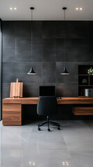 A minimalist home office with a sleek wooden desk, black office chair, and modern pendant lights.