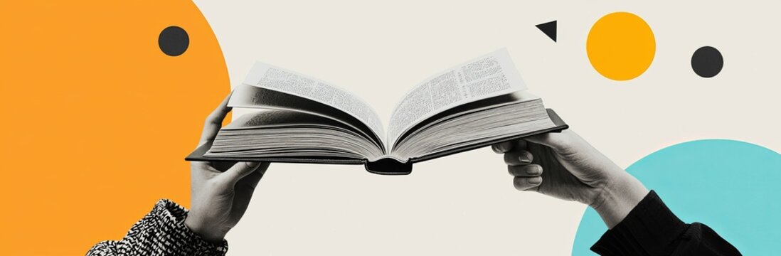 A male hand using a tablet, searching the Internet for information. Replacing paper books with a tablet. A contemporary art collage. An idea of online education, Internet help, and emerging