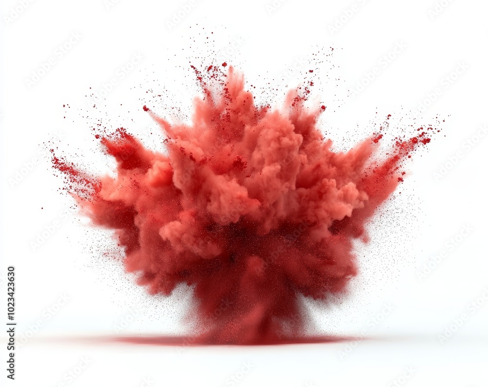Poster isolated white background with bright red powder color holi explosion burst. background with industr