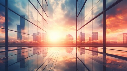 Fototapeta premium Modern office building or business center. High-rise window buildings made of glass reflect the clouds and the sunlight. empty street outside wall modernity civilization. growing up business