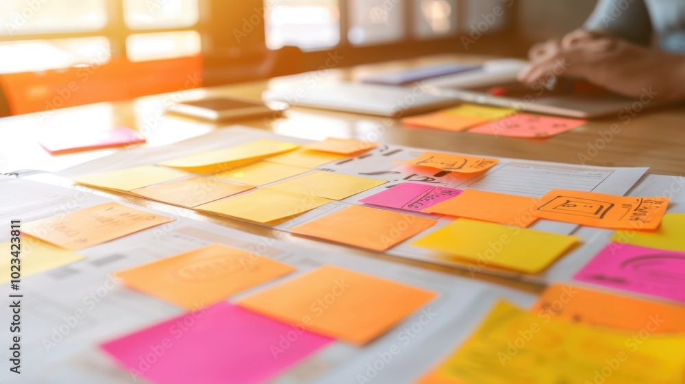 Poster vibrant sticky notes on table for brainstorming session