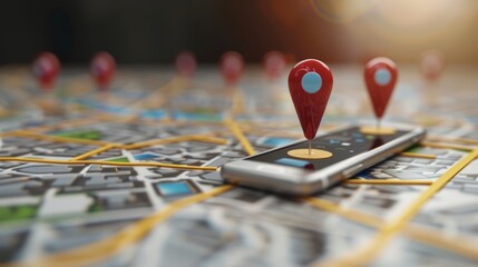 Smartphone with map, 3D Map pins, GPS, navigator pin checking points, 3D World Map icon, technology and application mobile smart phone with mobile, delivery tracking, transportation, generate by AI