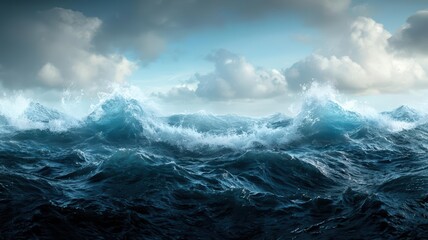 Fototapeta premium A turbulent sea with towering waves crashing against a crumbling shoreline