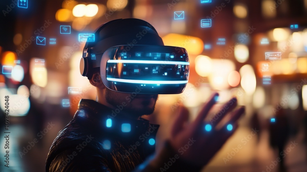 Poster a person wearing a virtual reality headset interacts with digital elements in a vibrant setting.
