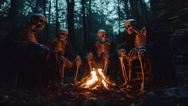 Skeletons gather around a flickering campfire in a spooky Halloween forest. Flames light up their tattered cloaks, creating a haunting ambiance. Perfect for Halloween and spooky-themed projects