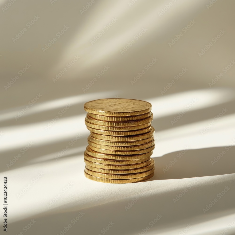 Aufkleber a stack of gold coins arranged neatly on a smooth white surface, casting soft shadows