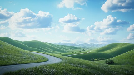 Fototapeta premium Winding Path Through Green Hills Under a Bright Blue Sky, Scenic Nature Landscape with Rolling Hills and Clouds, Peaceful Countryside, Generated AI