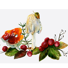 Watercolor seamless pattern on a light background. Leaves, mushrooms, and berries. Textile, fabrics, embroidery template.