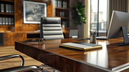 Modern office workspace featuring a desk, chair, and computer in a stylish setting.